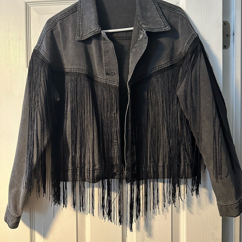 Black Jean Jacket with Fringe Detail